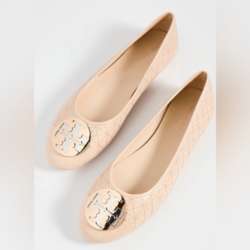 Tory Burch Claire Quilted Ballet Flat Nappa Leather New Porcelain size 7